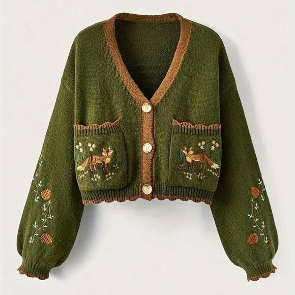 Button Front Fox Nature Army Green Button Front Cardigan - Picture 2 of 6